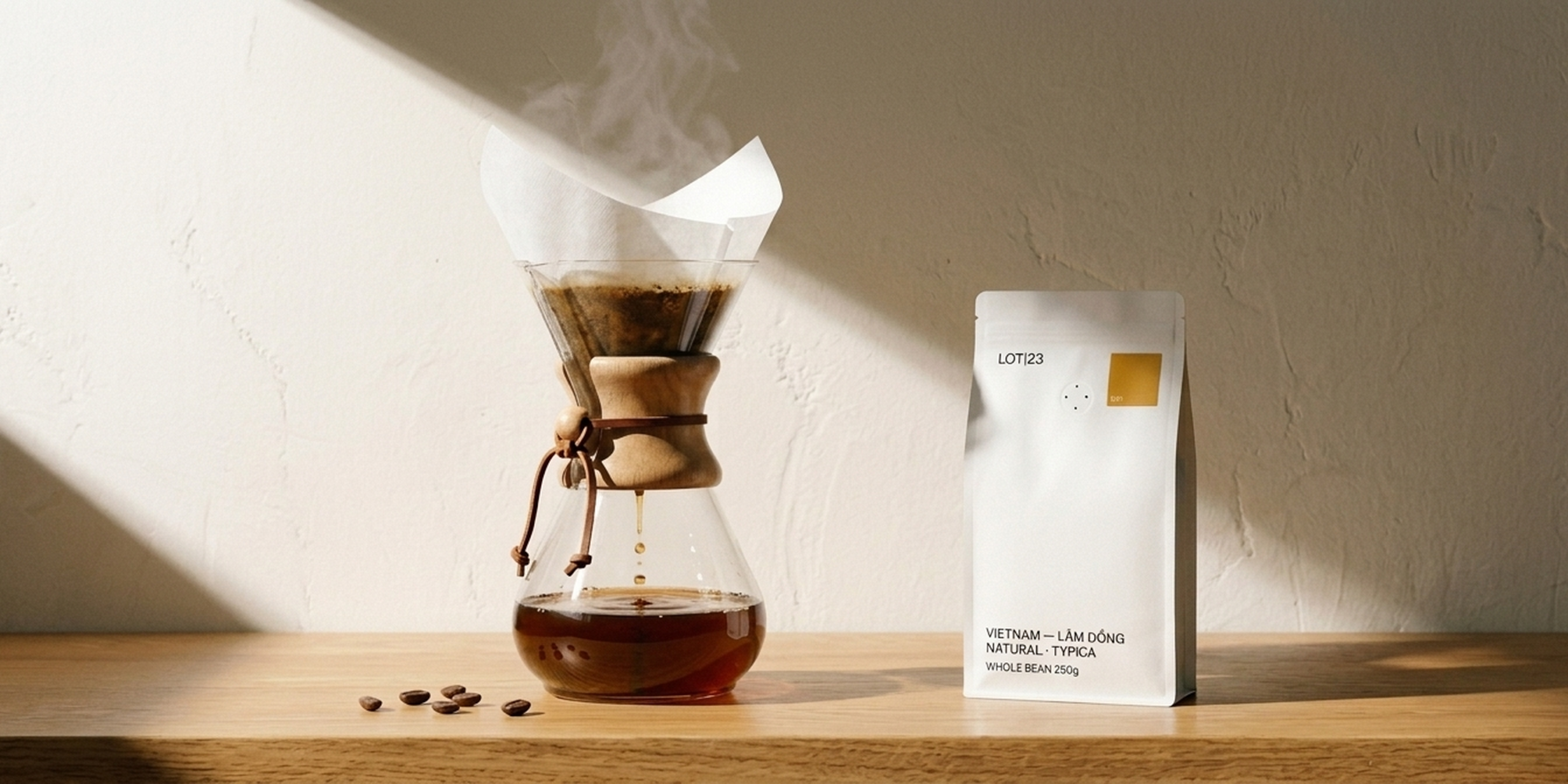 Chemex brewing on wood counter