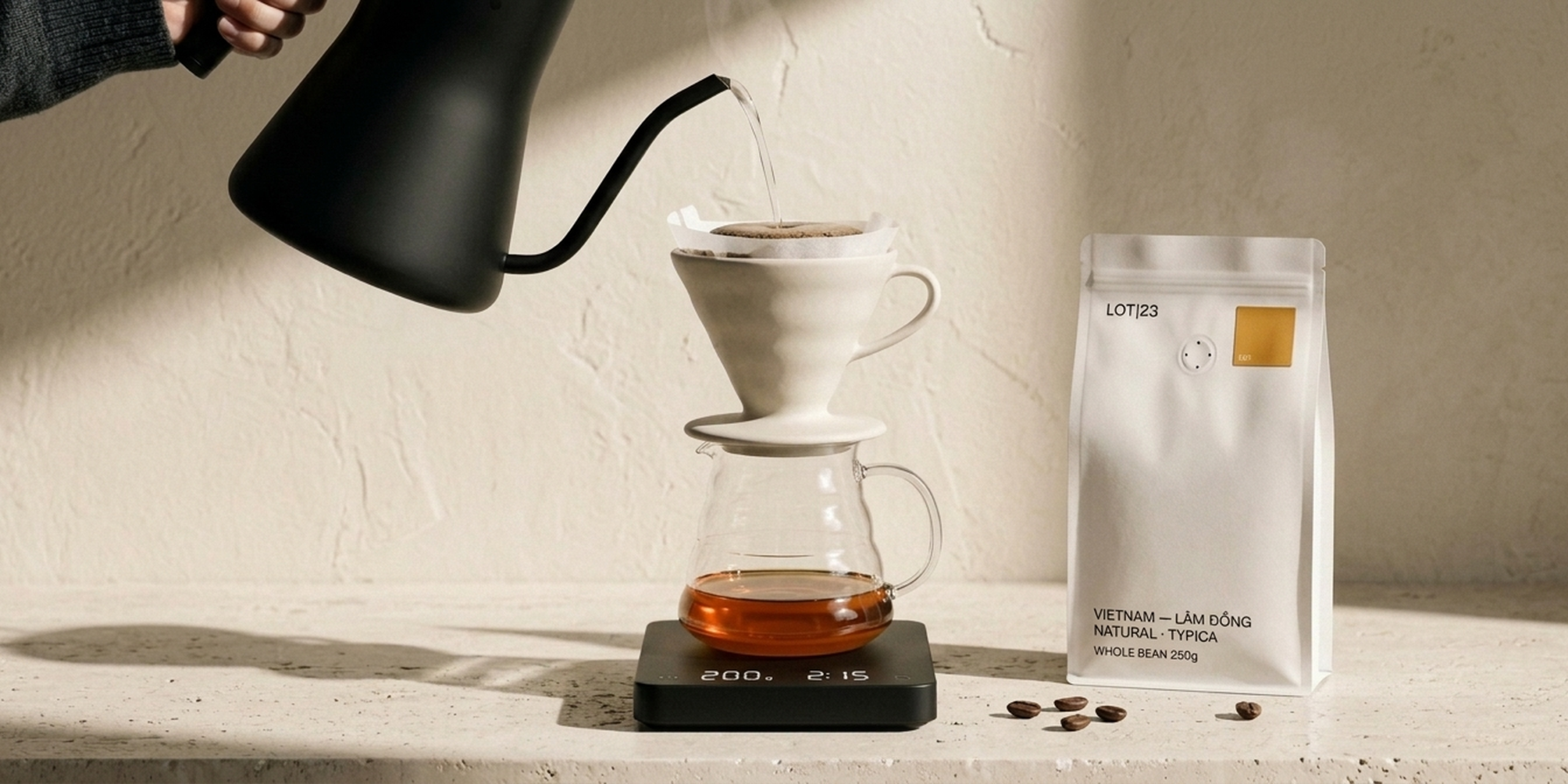 V60 pour-over mid-bloom